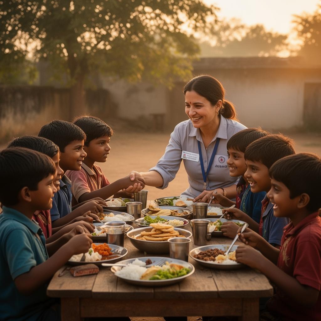 Volunteers sharing a meal with children